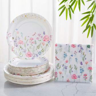 Festtillbehörset med blommigt spetsmönster, engångstallrikar med blommigt papper, servetter, festdekoration, engångsfest med blommigt mönster, födelsedagsfest, presenter till evenemangsdekorationer