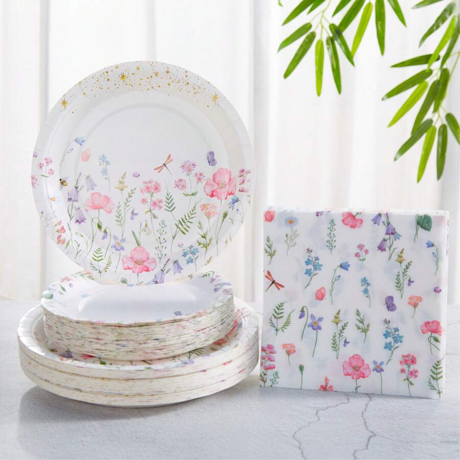 花卉全蕾丝派对用品套装,花卉一次性纸盘,餐巾,派对装饰,花卉一次性派对,生日派对,庆祝活动装饰礼品 - 彩色 - 查看 1