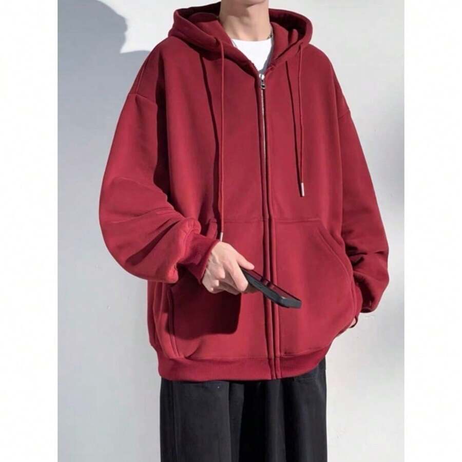 Sweatshirt Open Blouse With Zipper And Hood Cold Winter Plain Coat - 酒紅色 - 查看 1