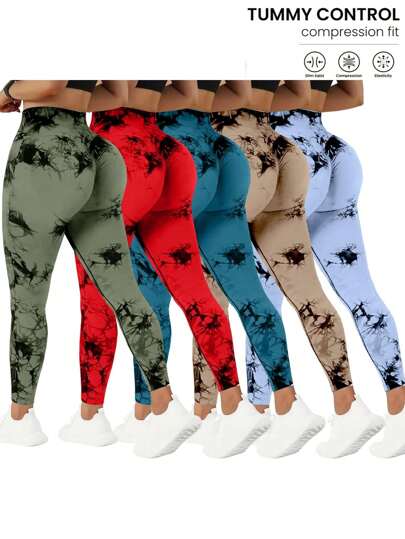  QGU 5-Pack High Waist Tummy Control Yoga Pants For Women, Summer Tie.Dye Fitness Leggings, Stretchy Running Peach Lift Workout Tights,Assorted Colors