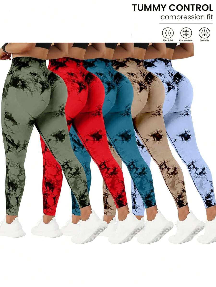 QGU 5-Pack High Waist Tummy Control Yoga Pants For Women, Summer Tie.Dye Fitness Leggings, Stretchy Running Peach Lift Workout Tights,Assorted Colors - 黑綠+軍綠+卡其色+大紅+亮甘藍 - 查看 1