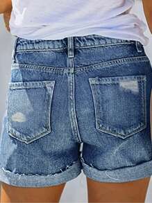 Casual Distressed Denim Frayed Multi-Button Shorts - Blue - View 3