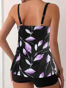 Women's Casual Round Neck Camisole Swimsuit, Featuring Ruched Bust, Open Back Design, Paired With Leaf Print Top And Shorts For Elegant Swimwear Look - Black - View 7