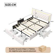 Modern Faux Leather Bed With Drawers, Stylish Faux Leather Double Bed Frame With Storage Space, 140/160 X 200 Cm, White/Grey, Without Mattress - 白色 - 查看 8