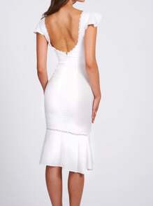 Women's Knee Length Dress Slim Short Flying Sleeve Sweetheart Neck Lace Trim Tie Up Backless Zip Up Dress For Party Club - 白色 - 查看 6
