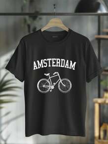 Amsterdam T-Shirt - Netherlands Bicycle Bike Holland Gift T-Shirt Round Neck Short Sleeve T-Shirt Women's Men's Graphic Tee - 黑色 - 查看 1