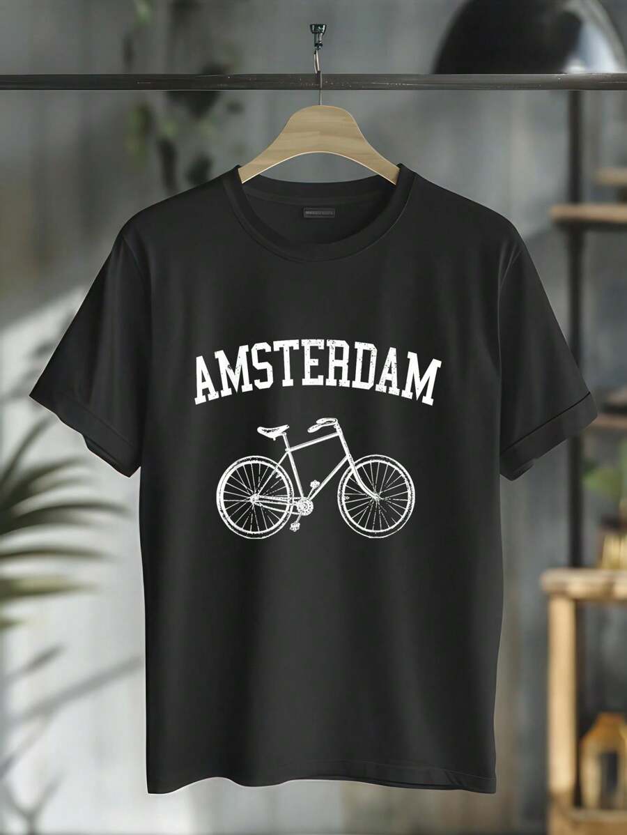 Amsterdam T-Shirt - Netherlands Bicycle Bike Holland Gift T-Shirt Round Neck Short Sleeve T-Shirt Women's Men's Graphic Tee - 黑色 - 查看 1