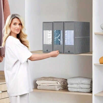 3件套大容量床单收纳盒，带提手和可视窗口，适用于卧室整理、床下和衣柜收纳，方便取用，透明窗口便于快速识别，便携且节省空间，带易握提手，是宿舍必备用品的理想之选，可整齐收纳毯子、床单、枕套，可堆叠设计，让衣柜更整洁，提升家居收纳效率，方便快速整理，轻巧而坚固的收纳盒，非常适合季节性床单轮换，在任何衣柜或柜子中都能清晰可见，整齐展示，旨在优化收纳和取用，是居家和旅行的多功能伴侣。