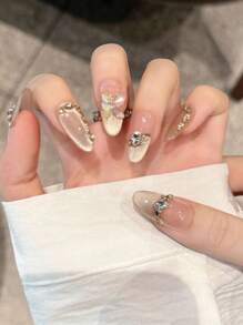 10pcs Dry Leaf Butterfly Style Handmade Press-On Nails, Champagne French Cat Eye Luxury Elegant Butterfly Nail Art Design, Sweet Coffin Shaped Hand Painted Nail Stickers, Reusable For Daily Wear, Suitable For Dates