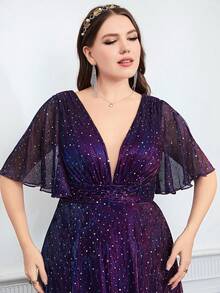 UNITHORSE Plus 女士晚礼服，带闪亮圆形亮片 V 领蕾丝袖优雅女士舞会礼服 - 紫色 - 查看 4
