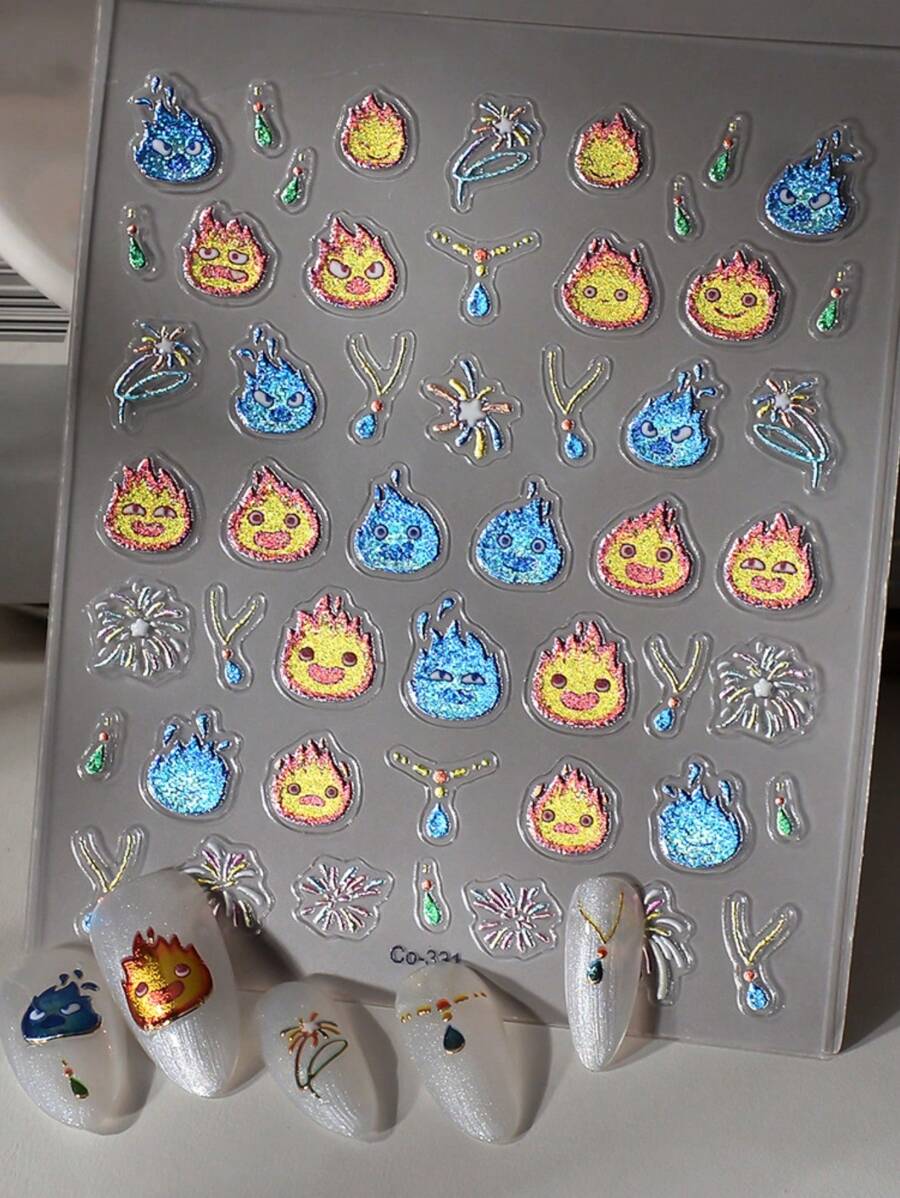 1 张激光 Casifa Flames Hal's Heart Demon 美甲贴纸 5D 浮雕粘性滑块 DIY 指甲油美甲贴纸贴花