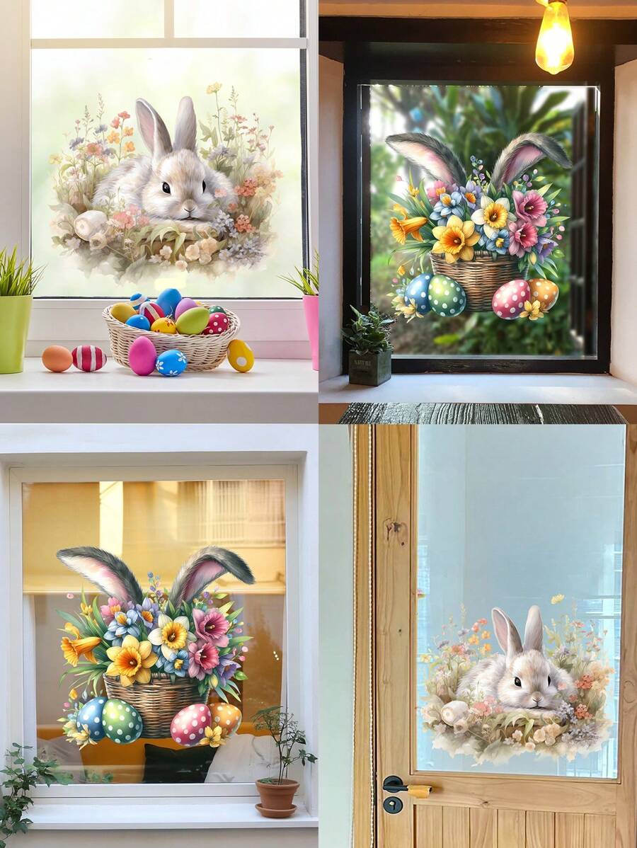 1pc/1set 2pcs Basket Egg Rabbit Window Cling Decal, Creative Home Decor For Living Room Bedroom, Double-Sided Visible Pattern Sticker Easter Gifts Birthday Graduation Stickers