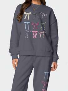 Women Tracksuits Sweatshirt Set Bow Print Long Sleeve Pullover Long Sweatpants With Pockets 2 Piece Outfit - Dark Grey - View 4