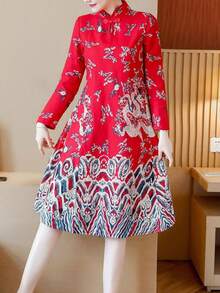 Women All-Over Pattern Detail Long Sleeve Elegant Cheongsam - Red - View 2