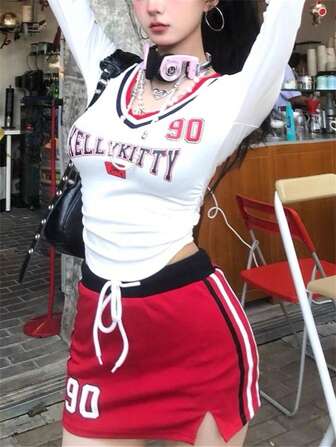 两件套夏季纯色女式街头印花修身 V 领长袖上衣包臀裙 Y2k 两件套