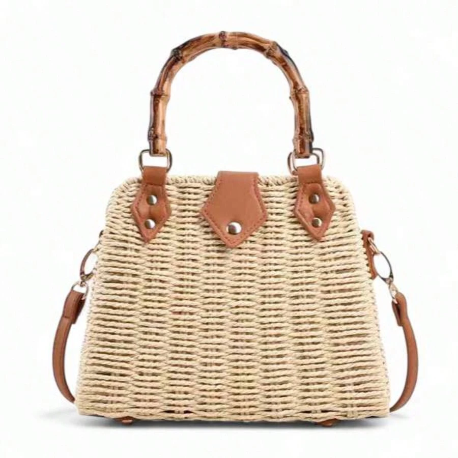 Straw Bag With Bamboo Style Hand Strap And Crossbody Smooth Lining Synthetic Leather Detail