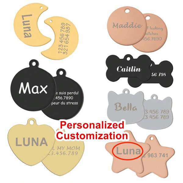 10 opções de fonte personalizáveis, 4 opções de cores, nome personalizado do animal de estimação e etiqueta de informações de contato, placa de identificação anti-perda de aço inoxidável para cães e gatos