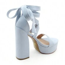 Women's Platform Sandals, Ankle Wrap Laces With Block Heel - 霧霾藍 - 查看 3