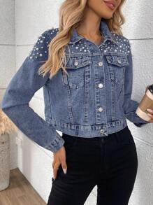 Women's Short Denim Jacket With Rivet & Pearl Decoration, Long Sleeve Top - Blue - View 4
