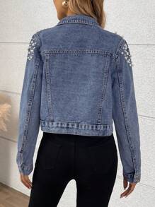 Women's Short Denim Jacket With Rivet & Pearl Decoration, Long Sleeve Top - Blue - View 7