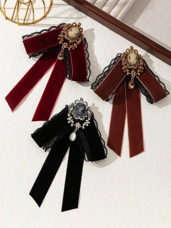 1 pezzo Spilla vintage elegante con nastro in velluto, nastro di raso, ornamento a farfalla con strass, gioiello di lusso, adatto come accessorio o regalo per uso quotidiano