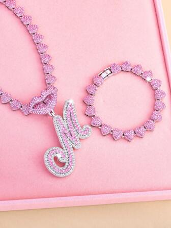 3pcs Y2K Style Women/Girls Jewelry Set - Heart Necklace, Bracelet & Shiny Rhinestone Lip Pendant - Perfect Valentine's Day Or Birthday Gift,Mom,Mother,Mother's Day,Gift