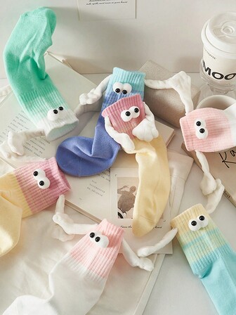 5prs 多巴胺卡通可爱透气个性磁性情侣中筒袜，秋季