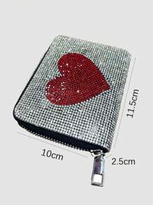Large Heart Rhinestone PU Short Wallet Copper Zipper Card Holder Mini Pouch 2-In-1 Leather Clutch Purse Mini Wallet Birthday Valentine's Day Christmas Gift Wallet For Women Wallet Purse Wallet Fall Small Wallet Cute Wallet
