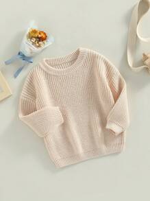 Suéteres de cuello redondo para bebés pequeños, jerseys de punto sueltos de color sólido de manga larga - Beis - Ver 3