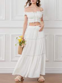 Womens Two Piece Summer Outfits Off Shoulder Frill Trim Crop Tops And Long Skirt Set Beachwear