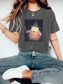 Wizard Cat Graphic Print T-Shirt, Short Sleeve Crew Neck Casual Top For Summer & Spring, Women's Clothing - Màu xám đen - Xem 1