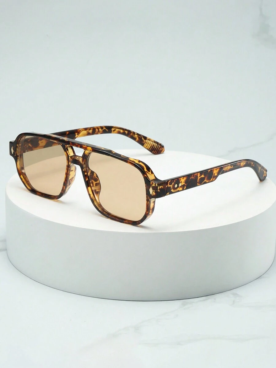 1副男士经典方形双梁简约时尚眼镜，适合派对、休闲、度假、旅行、海滩和日常佩戴 - 玳瑁框茶片 - 查看 1