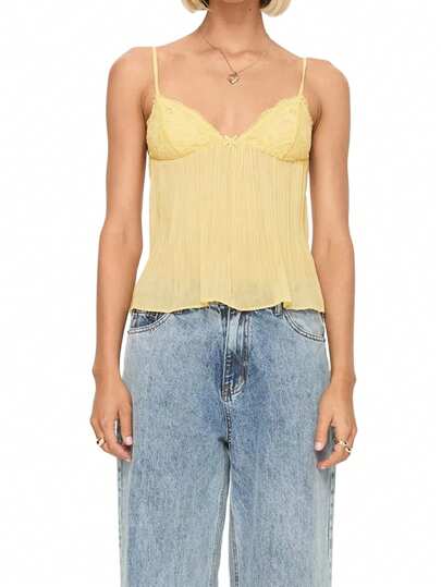 Women's Pleated Camisole Spaghetti Strap V-Neck Lace Sexy Tops