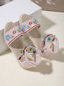 1 par de sandálias rasteiras bordadas vintage para meninas de verão - Rosa - Ver 6