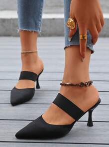 New Europe & America Fashionable Minimalist Pointed Toe Strap Slender High Heel Plus Size Slides For Women