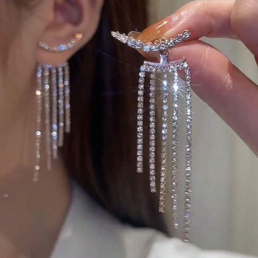 2pcs Fully Rhinestone Tassel Earrings, Sparkling Suitable For Women Holiday, Party, Date, Gift, Daily Versatile - Silver - View 1