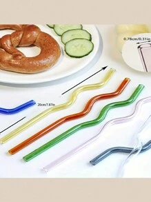 5pcs Wavy Glass Straws With 1 Cleaning Brush,Reusable Colorful Glass Straws,With 1 Cleaning Brush,Party Straws,Heat Resistant,Very Suitable For Slush, Tea, Coffee,Juice And Cocktails, Holiday Party Wedding Cocktail Bar Beach, Kitchen Utensils, Party Supplies, 20cm/7.8inch, For Outdoor, Camping