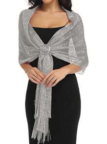 1 pièce Foulard de tête islamique enveloppant, hijab à la mode, châle de protection solaire brillant or/argent. Écharpes brillantes avec dentelle et franges pour femmes, pour robe de soirée, Fête des Valentins