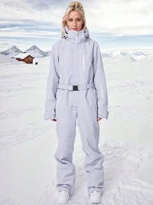 1pc Women's Solid Color Winter Outdoor One-Piece Ski Suit, Ideal Outdoor Ski Jumpsuit, Winter Women's Clothing, Taped Zipper Anti-Loss Design, Ski Suit Set With Zippered Pockets, Winter Sports Ski Suit, Sportswear, Suitable For Outdoor Activities, Winter Skiing Gear, Reinforced Structure, Functional Ski Equipment, Durable Snow Gear,Ski Clothes Women Ski Outfits