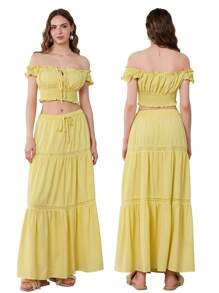 Womens Two Piece Summer Outfits Off Shoulder Frill Trim Crop Tops And Long Skirt Set Beachwear