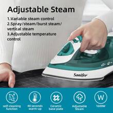 SONIFER Sonifer Dampfbügeleisen SF-9034, 1600 W, Keramik-Bügelsohle, Einstellbare Dampfregelung, Sprüh-/Dampf-/Dampfstoß-/Vertikaldampffunktion, Einstellbare Temperaturkontrolle, 360 Grad drehbarer Kabelschutz mit Kontrollleuchte, Wassertankvolumen: 160 ml, kontinuierliche Dampfmenge: 12 g/Min, Dampfstoß: 0,4 g/Mal, Sprühmenge: 0,4 g/Mal, AC 220-240 V, 50-60 Hz, 1600 W