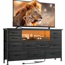 GIKPAL Dresser TV Stand For Living Room With 11 Fabric Drawers, Dresser For Bedroom With Power Outlets And RGB LED Lights, Open Shelf, Chest Of Drawers For Entryway Closet - 鏽棕色 - 查看 2