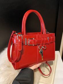 Geantă de umăr la modă pentru femei 2024 Noua sosire, geantă crossbody cu design de nișă, geantă de mână ocazională, versatilă, minimalistă, elegantă, tesatura confortabilă, textura PU, culoare solidă, închidere cu fermoar, curea detașabilă reglabilă, spațiu spațios, design pătrat online - roșu - Vizualizare 8