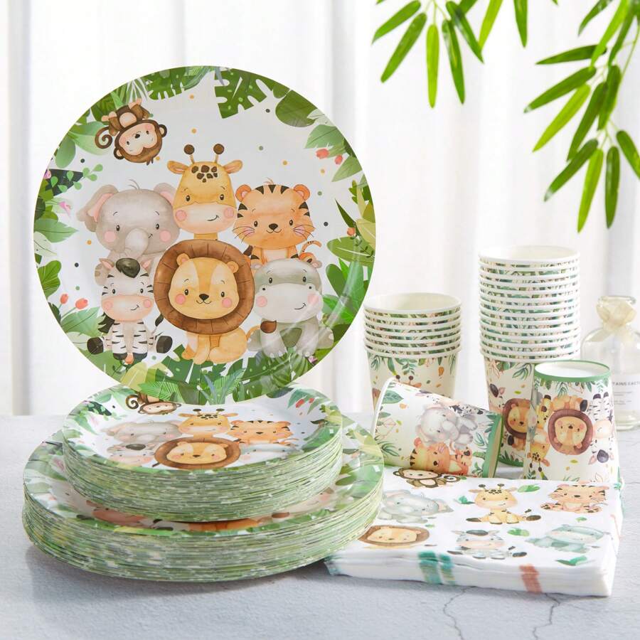 Juego de vajilla desechable con motivo de animales de la jungla, platos, servilletas y vasos de 7/9 pulgadas, regalos, suministros y decoraciones para fiestas de cumpleaños, platos, servilletas y vasos de papel desechables aptos para fiestas con tema de cumpleaños - Multicolor - Ver 1