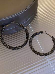 1 Pair Fully Rhinestone Embellished Big Hoop Earrings, Elegant Design For Women - Black - View 2