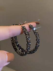 1 Pair Fully Rhinestone Embellished Big Hoop Earrings, Elegant Design For Women - Black - View 1