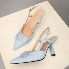 OMS Zuecos de tacón de aguja de punta abierta en color negro para mujer, zapatos de tacón alto con diseño de slip-on para ocasiones formales, fiestas y bodas - Azul - Ver 2