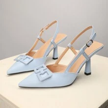 OMS Zuecos de tacón de aguja de punta abierta en color negro para mujer, zapatos de tacón alto con diseño de slip-on para ocasiones formales, fiestas y bodas - Azul - Ver 3