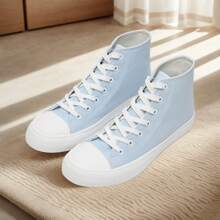 1 Pair Ladies Canvas Shoes Women,Unisex Mens High Top Trainers Women Lace Up Pumps Plimsolls Casual Sneakers Canvas Plimsoles Flat Shoes - Light Blue - View 2