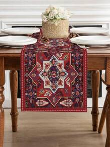 1 Stück Böhmisch-Artiger Tischläufer, Vintage Geometrischer Stil Tischdecke mit roten Blumen, Abstrakte Kunst, Waschbar für Innen- und Außenbereich, Party, Küche, Zuhause, Esstisch, Couchtisch, Restaurant Dekoration